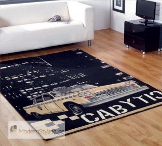 Retro Black Funky Rug With New York City Theme Yellow Taxi Cab Design 