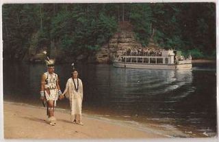   Dells Postcard Winnebago Indian Man & Woman w/ Excursion Boat c1960s