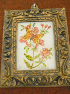 Small Reverse Painting on Glass Flowers and Butterfly Signed K Rand 