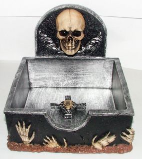 DWK Skull Paper Holder In/Out Box 10x10 with Skeleton Hands & Cross 