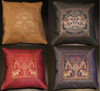  Indian Silky Brocade Cushion Cover Elephants Theme Decoration 17x17