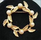 GLASS FAUX PEARL Wreath BROOCH Vintage PIN Signed DFA, Goldtone