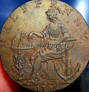 DETAILED OLD ENGLISH COIN 1793 PEACE & PLENTY COLONIAL 