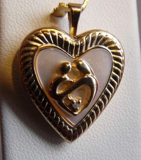   GOLD MOTHER OF PEARL DIAMOND MOTHER & CHILD HEART LOCKET CHARM PENDANT