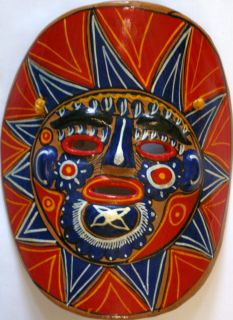   Azteca Hand Made Mask Mexico Sun Wall Hanging Face Red Blue Aztec Art