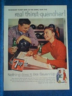1958 Fun At Bowling Alley 7up Ad ~ Seven Up Cooler Bottle Machine 