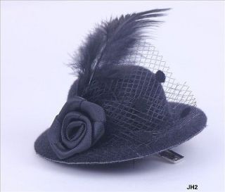 One Mini Black Hair Clip Hairpin Top Hat Feather Veil Costume Cocktail 