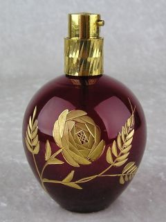   Red Clear Glass Perfume Bottle with Etched Gold Gilt Flower & Atomizer