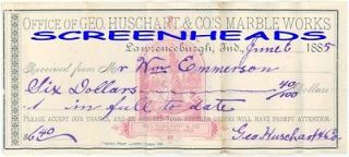 1885 Lawrenceburg Indiana MARBLE WORKS Bank check