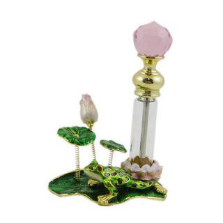 Collectible frog perfume bottle lily pad lotus leaf bejeweled crystals 