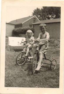 Old Vintage Antique Photograph Two Little Children on Their Tricycles 