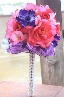 Hand Tied Bridal Wedding Bouquet Purple Pink w/ Crystal Pearls Accents