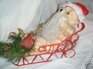 RED METAL sleigh on wooden base SANTA Bear in Christmas w 