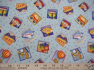 POSTAGE STAMPS ON BLUE FABRIC