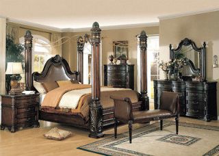   Walnut Brown King Canopy Poster Leather Marble Bed Bedroom Set