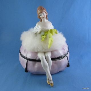 Vintage German Porcelain HALF DOLL Powder Puff Lady on Jar with Legs