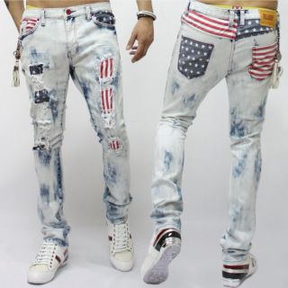 New Mens Fashion US Flag Printed Vintage Wash Spandex Ripped Jean
