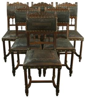SET OF 6 FRENCH RENAISSANCE DINING CHAIRS, CARVED WALNUT, TOOLED 