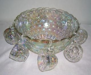 Federal Glass Iridescent Punch Bowl with 8 Cups Ladle & Hooks in 