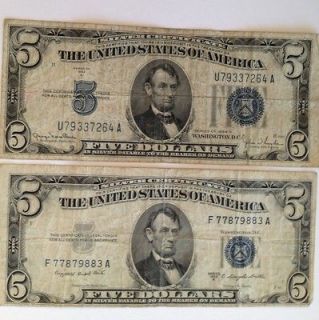   1953 B BLUE SEAL 2 Five DOLLAR BILLs Silver Notes RARE U.S. CURRENCY