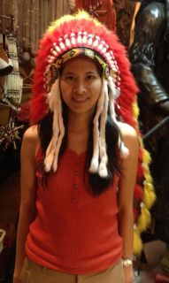 Yellow Red Indian Headdress Costume Ostrich Feather War Bonnet 