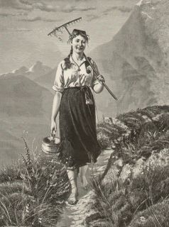 Norwegian Milkmaid on Mountain Path Hay Rake and Pail German Antique 