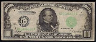 KD 1934 $1000 One Thousand Dollar Bill VF G86836 Federal Reserve Note 