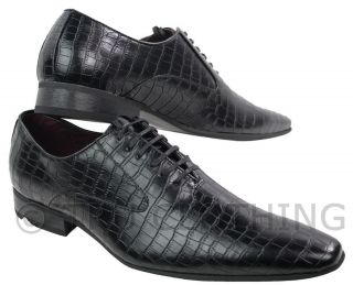 Mens Black Laced Italian Design Crocodile Skin Shoes Laced Smart 