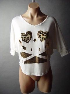 Edgy Glam Skull Cross Bone Leopard Heart Pattern Graphic Print Tee Top 