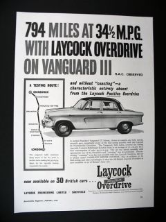   Overdrive Standard Vanguard III Route A1 MPG Fuel Test 1956 print Ad