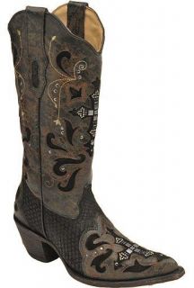 Womens Corral Black and Grey Python Crystal Cross Leather Western 