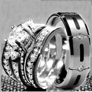   pcs Womens STAINLESS STEEL & Mens TITANIUM Wedding rings set bridal