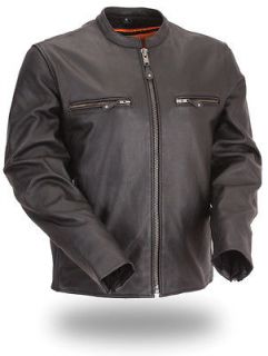 Mens Black Leather Full Side Stretch Scooter Jacket Size M