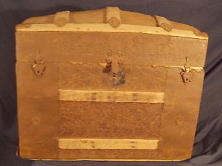   ANTIQUE RESTORABLE TIN & WOOD CAMELBACK DOME TRUNK WITH FULL TRAY