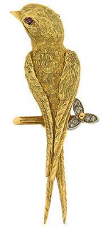   1930s) DIAMOND, RUBY & YELL GOLD SWALLOW PIN by REGNER, PARIS   CHIC