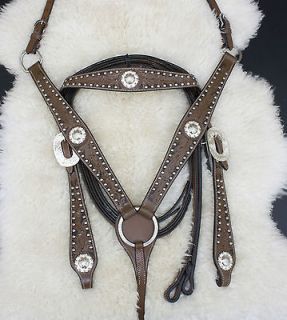 New Western Leather Horse Bridle Headstall Breast Collar Nice Silver 