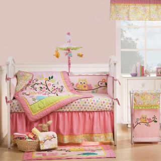 Pink Owl, Tree, and Forest Animals Baby Girl Nursery 10pc Crib Bedding 