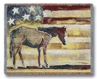   RUSTIC HORSE PATRIOTIC AMERICAN FLAG TAPESTRY THROW BED BLANKET
