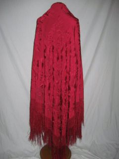 Huge 1930s Red Hand Embroidered Silk Piano Shawl