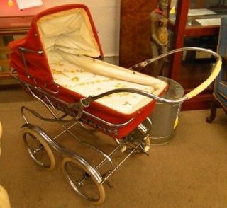 Antique 1920s Red Canvas Baby Buggy with Original Wheels