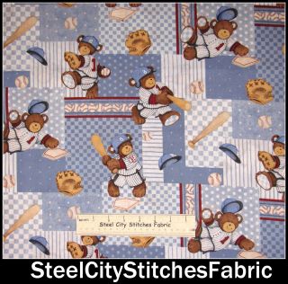   At Bat Patch Nursery Baby Boy Baseball Teddy Bear Cotton Fabric YARD