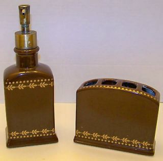 Bath Accessory Set   Soap Pump Dispenser and Toothbrush Holder   Brown 