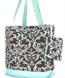 Large Brown Turquoise Damask Tote Shopping Book Bag