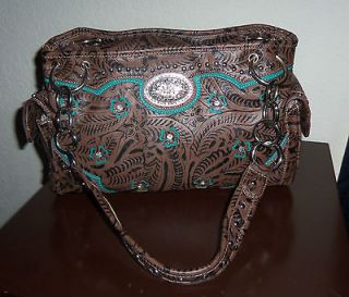   BROWN TOOLED LEATHER FLORAL TURQUOISE W RHINESTONES & SILVER STUDS