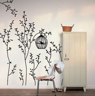 SUPER Bird Cage&Trees Removable Wall Decals Vinyl Black Gray Home 