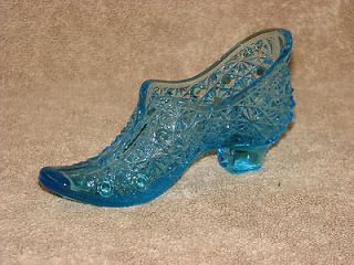 Vintage Fenton Light Blue Glass Shoe Daisy & Button Boot Slipper Good 