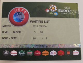 UEFA EURO 2012 Poland Ukraine Spain Italy Final match media ticket 