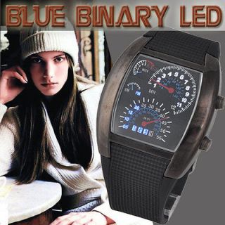 Blue Binary Wristwatch Quartz LED Light Dot Matrix Mens Watch US Stock