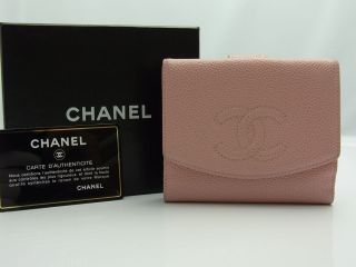 CHANEL Authentic CC CAVIAR Leather Pink Bifold Purse Wallet Auth