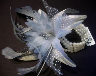Wedding / Prom Wrist Flower & Feather Corsage   Grey with pearl bead 